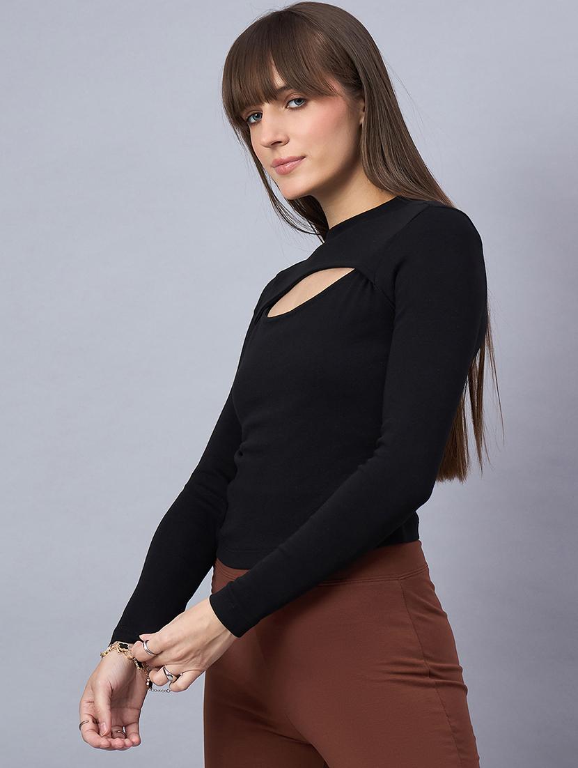 women solid long sleeve cut out crop top - 21958390 - Standard Image - 1