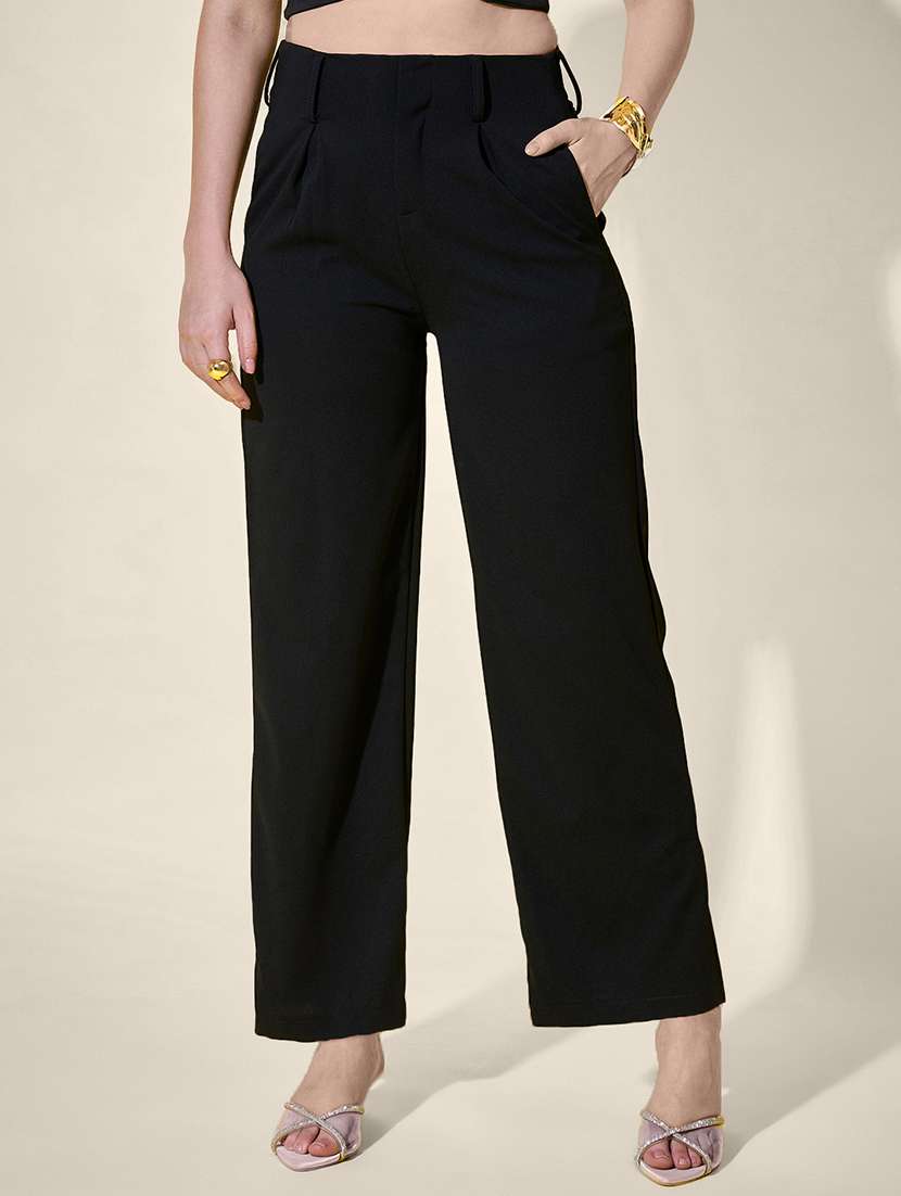 women black solid high rise straight trouser