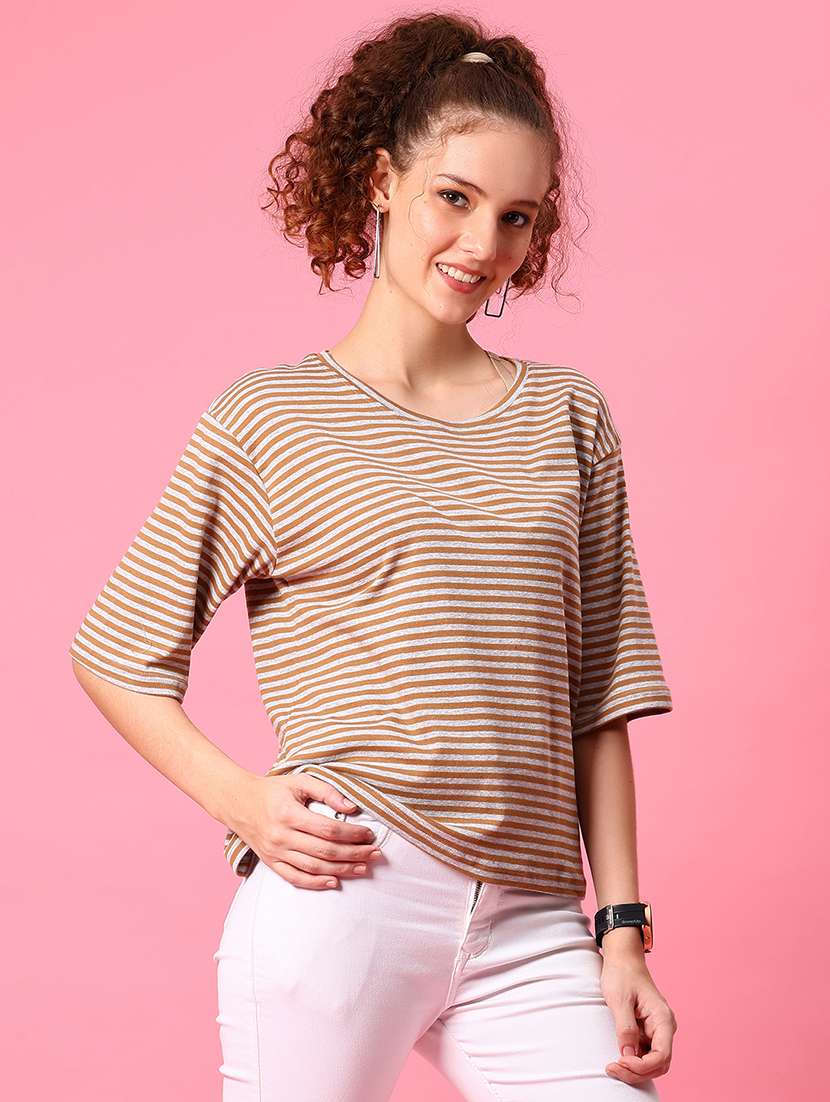 women striped short sleeve loose fit t-shirt - 21958447 - Standard Image - 1