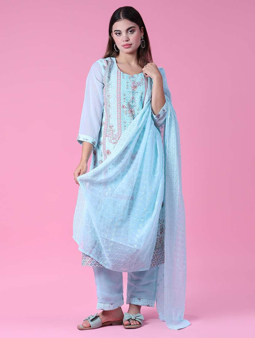 women three quarter sleeve kurta pant with dupatta set