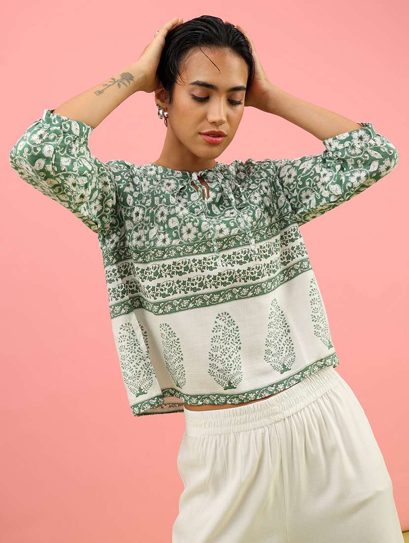 women printed three quarter sleeve top - 21958920 -  Standard Image - 1