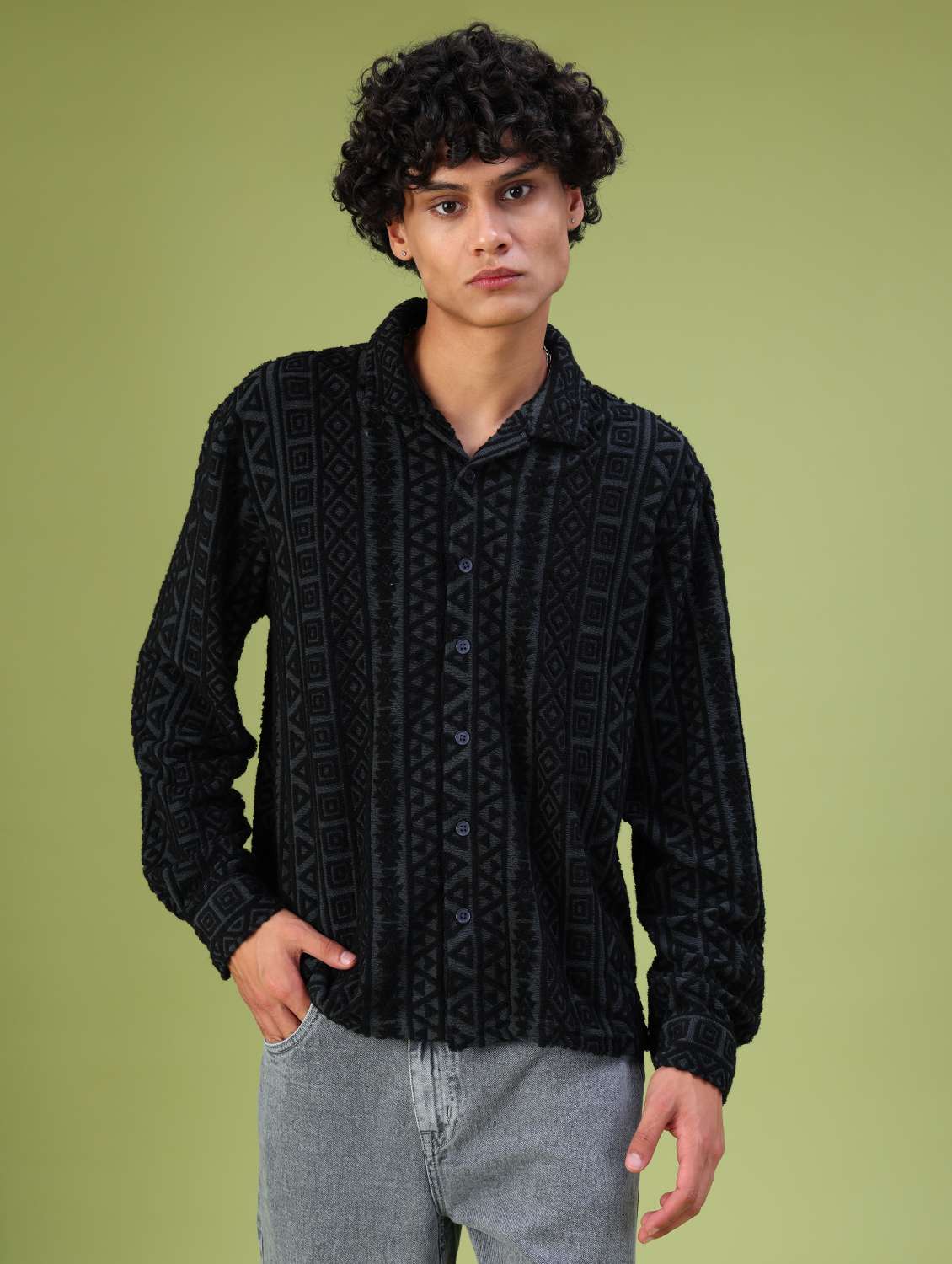 dark grey jacquard casual shirt - 21958940 - Standard Image - 1