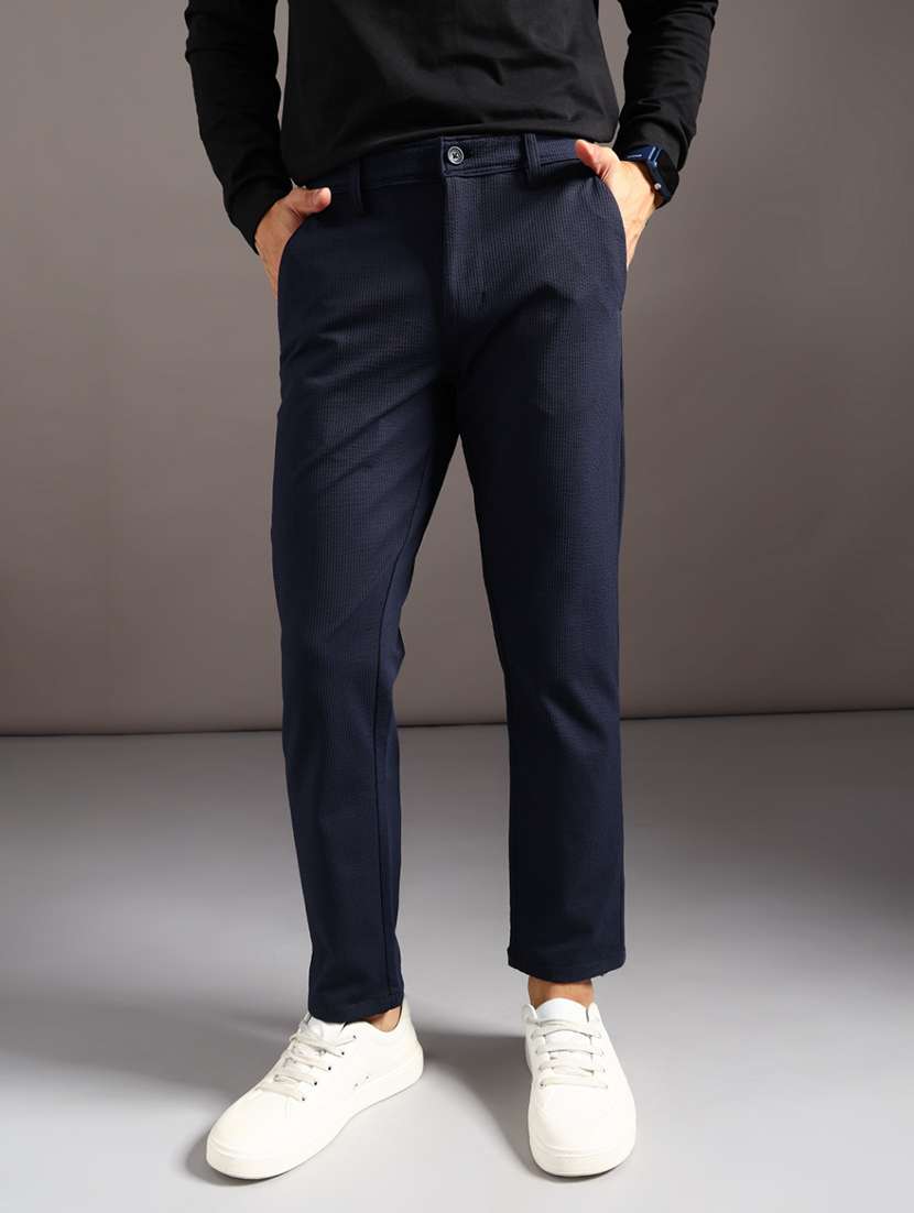 navy blue polyester blend flat front casual trousers - 21958982 -  Standard Image - 1
