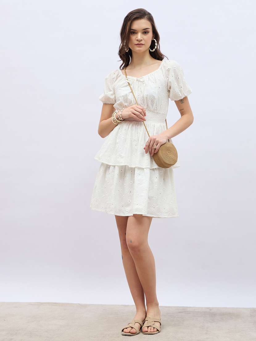 women white puff sleeve layered schiffli dress - 21959227 -  Standard Image - 1