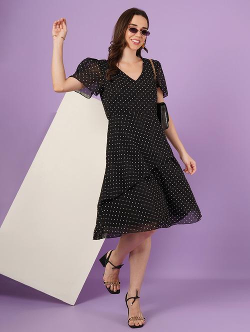 women polka doted puff sleeve a-line dress - 21959252 - Standard Image - 0