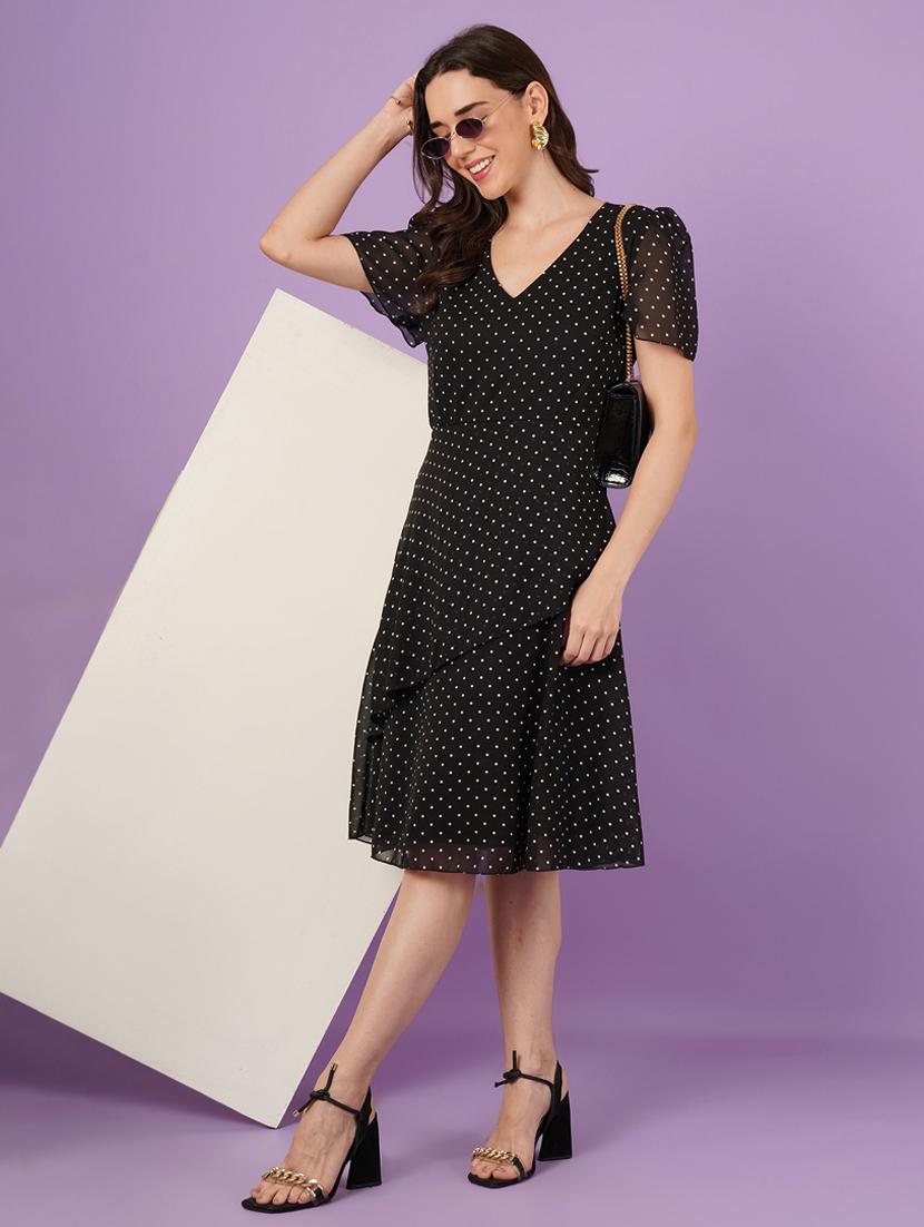women polka doted puff sleeve a-line dress - 21959252 - Standard Image - 4