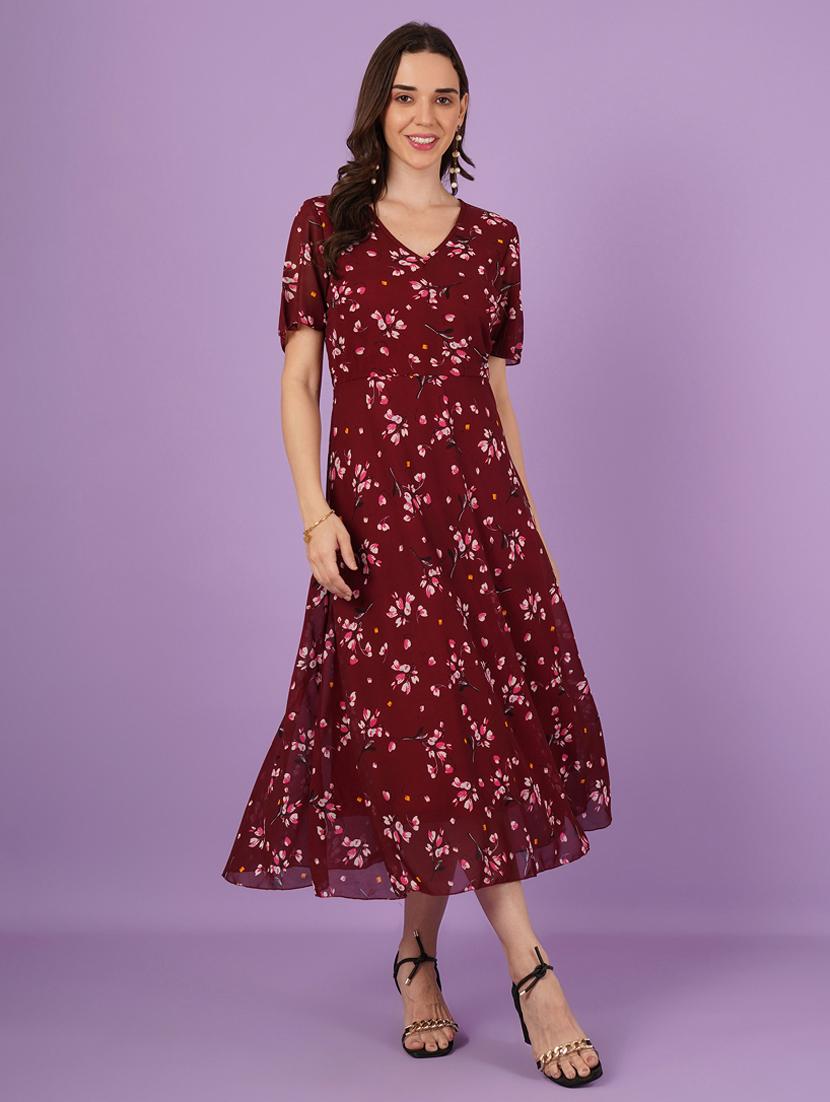 women floral print puff sleeve fit & flared dress - 21959257 - Standard Image - 1
