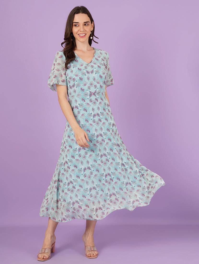 women floral print puff sleeves fit & flare dress - 21959258 -  Standard Image - 1