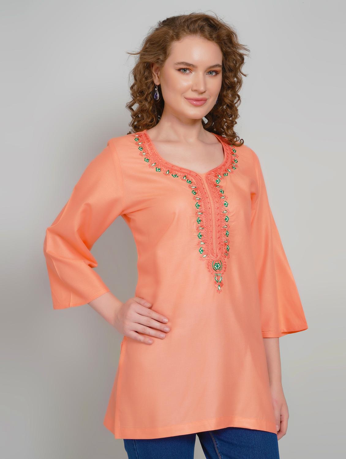 women embroidered three quarter sleeve straight kurti - 21959372 - Standard Image - 1