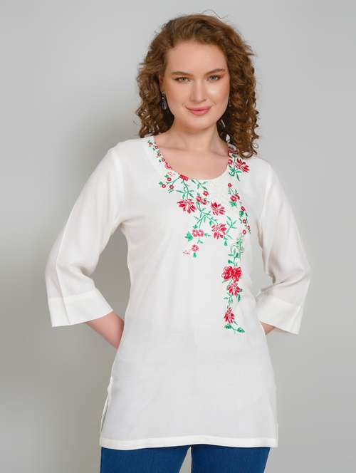 women embroidered three quarter sleeve straight kurti - 21959373 -  Standard Image - 0