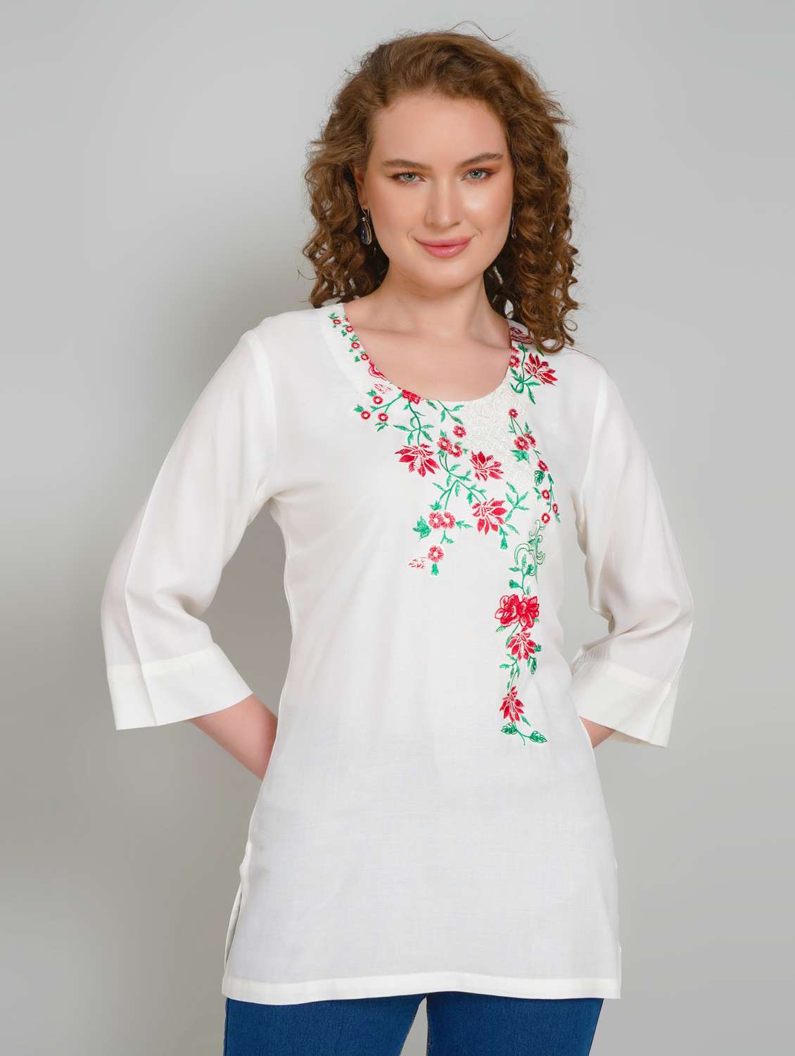 women embroidered three quarter sleeve straight kurti - 21959373 -  Zoom Image - 0