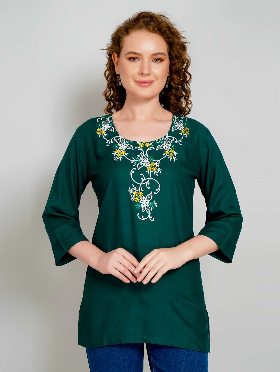 women embroidered three quarter sleeve straight kurti