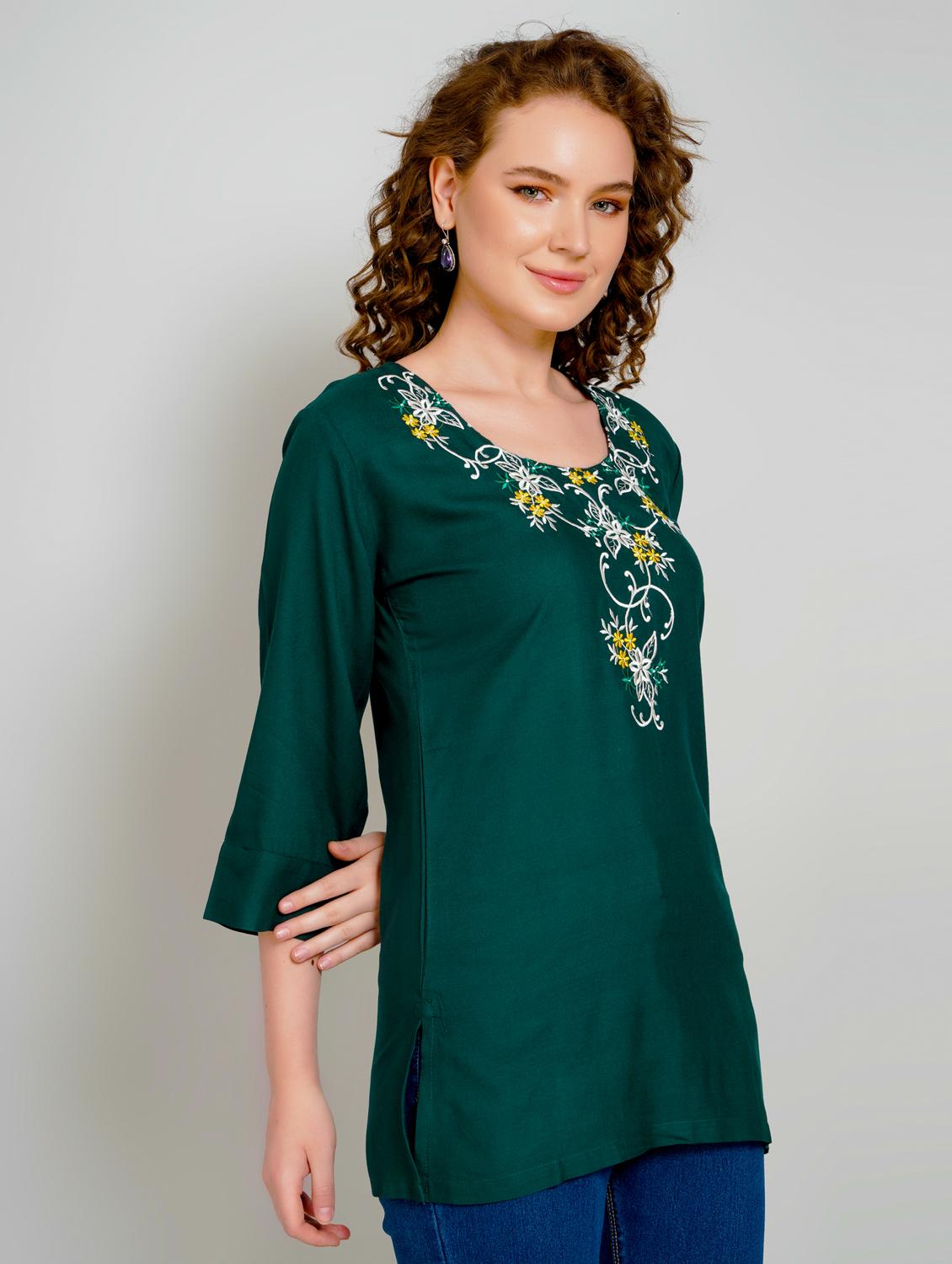 women embroidered three quarter sleeve straight kurti - 21959374 - Standard Image - 1