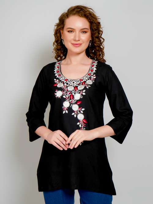 women embroidered three quarter sleeve straight kurti - 21959375 -  Standard Image - 0
