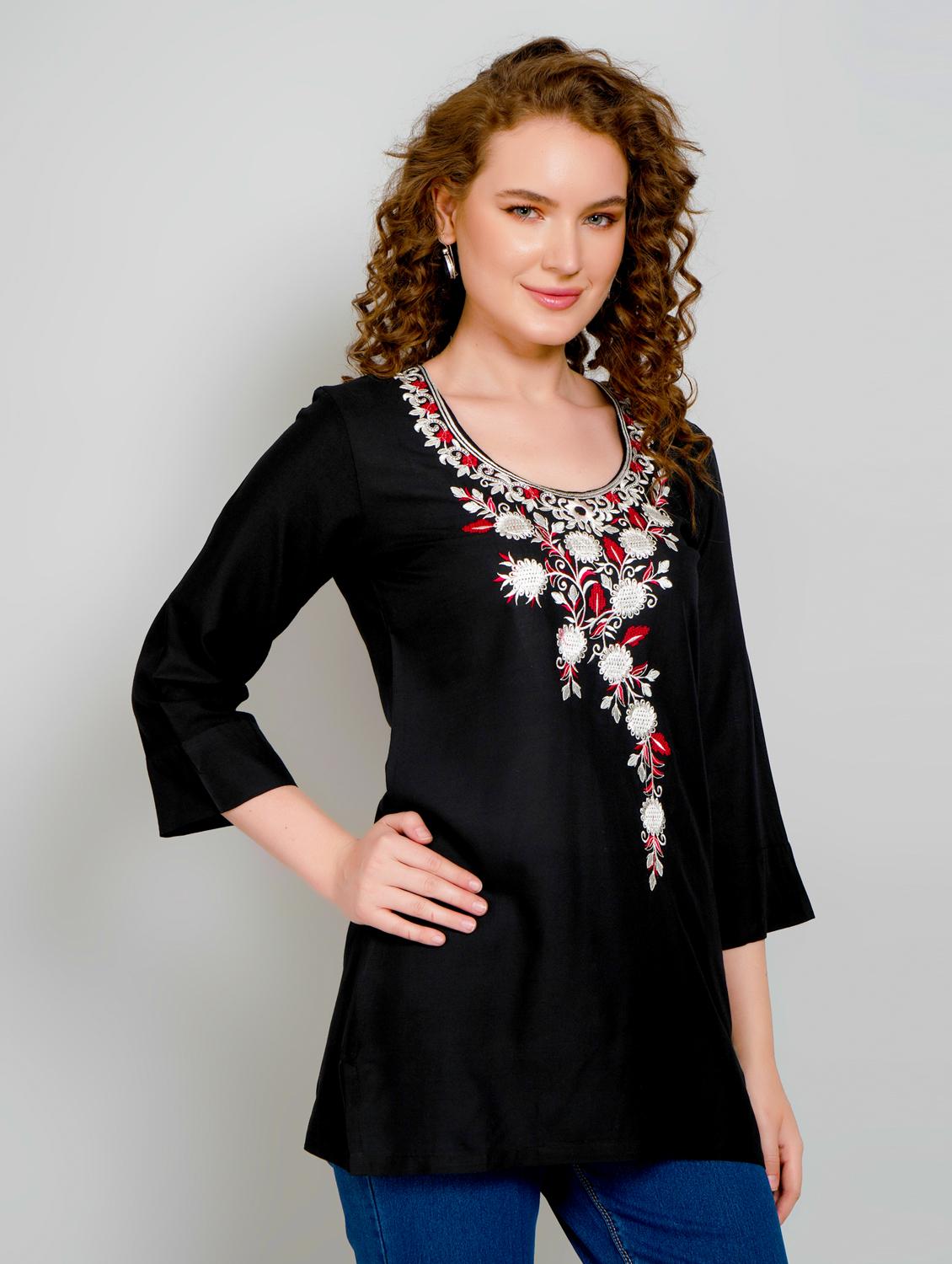women embroidered three quarter sleeve straight kurti - 21959375 - Standard Image - 1