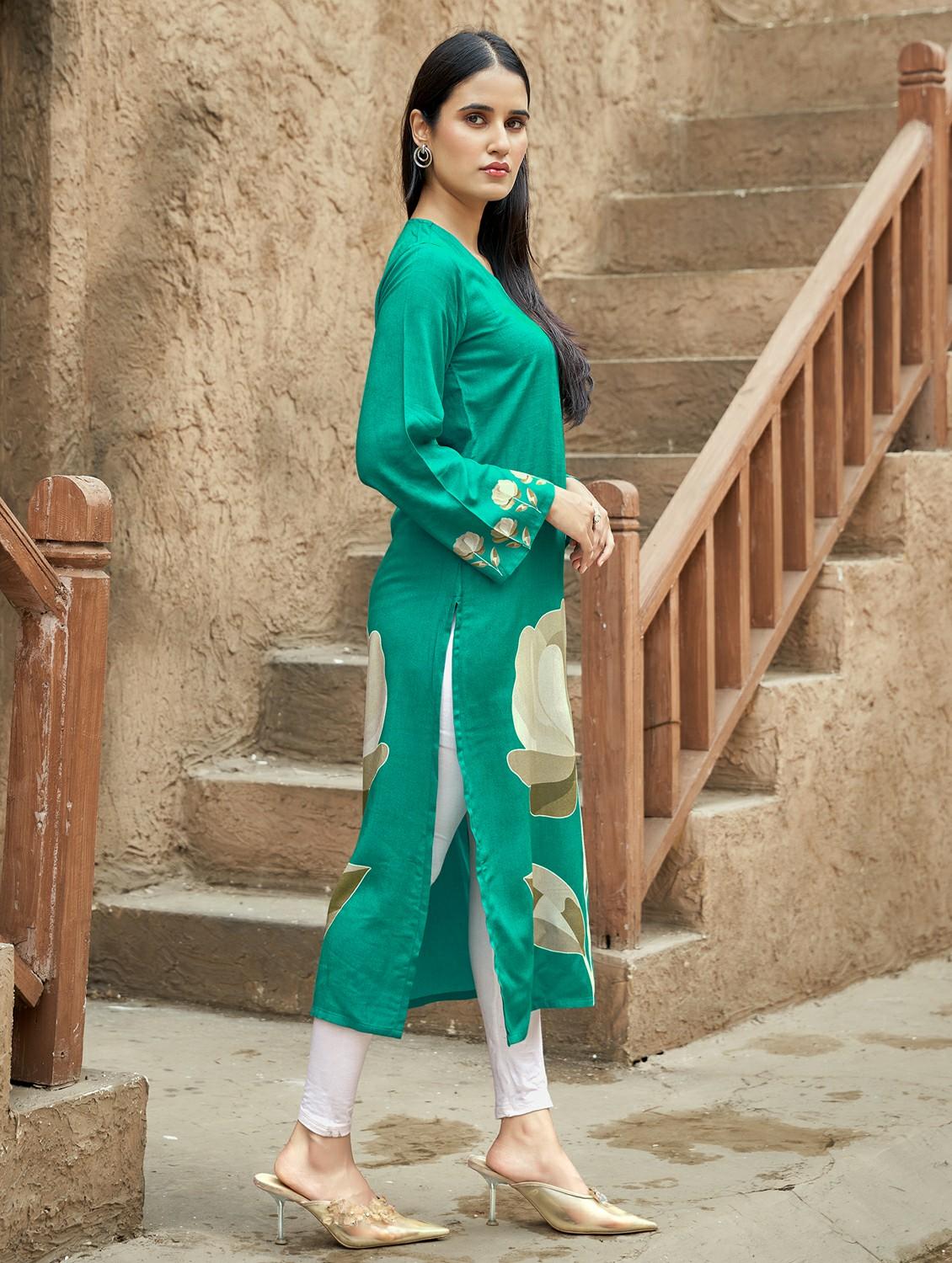women floral printed long sleeve straight kurta - 21959400 - Standard Image - 1