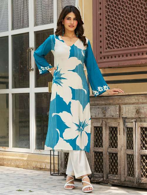 women floral printed long sleeve straight kurta - 21959419 -  Standard Image - 0
