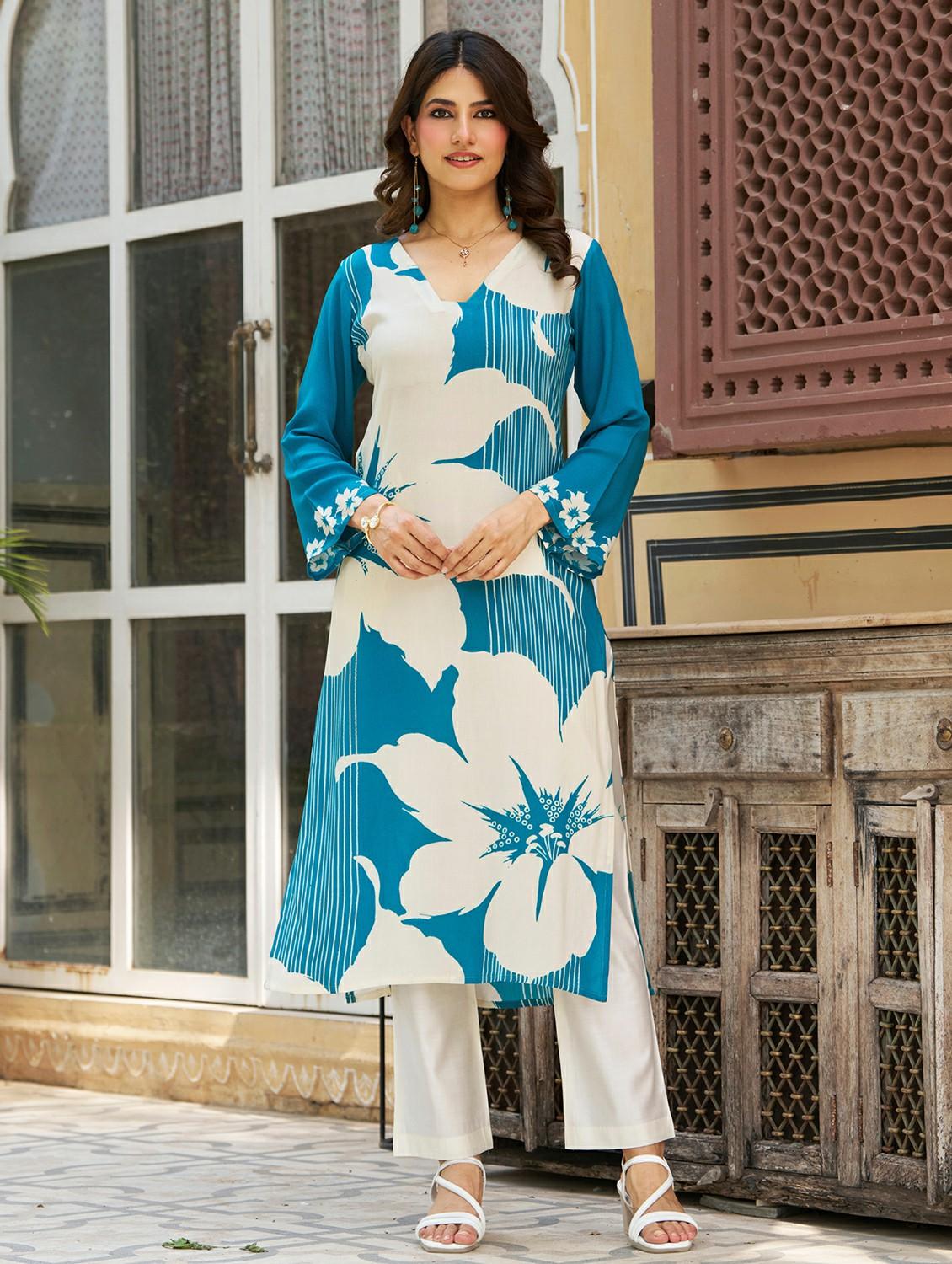women floral printed long sleeve straight kurta - 21959419 -  Standard Image - 1