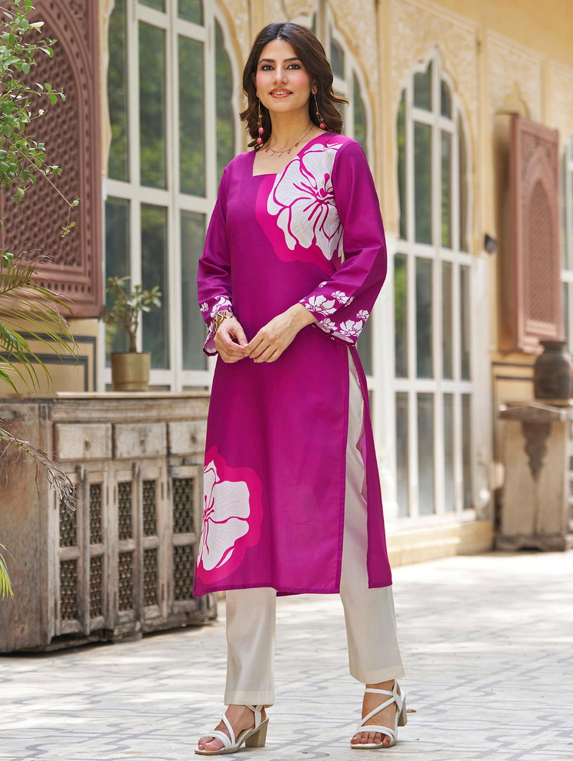 women floral printed long sleeve straight kurta - 21959421 - Standard Image - 1