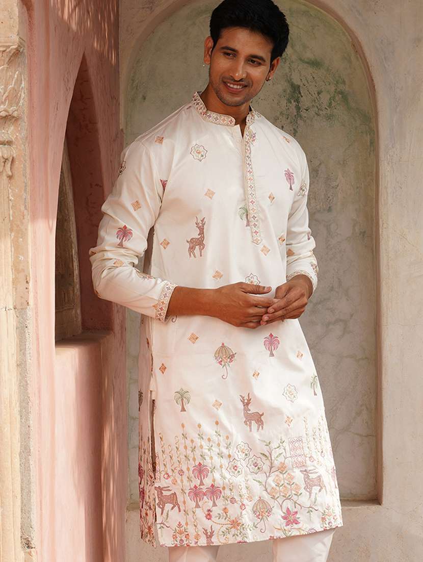men embroidered mandarin neck long kurta - 21959432 -  Standard Image - 1