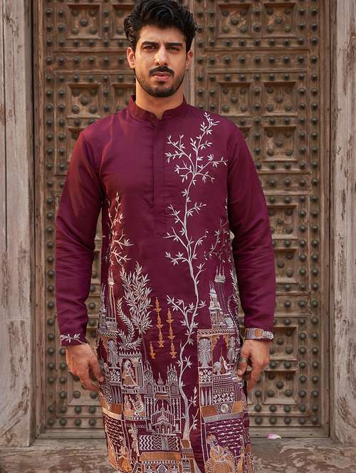 men embroidered mandarin neck long kurta - 21959435 - Standard Image - 0