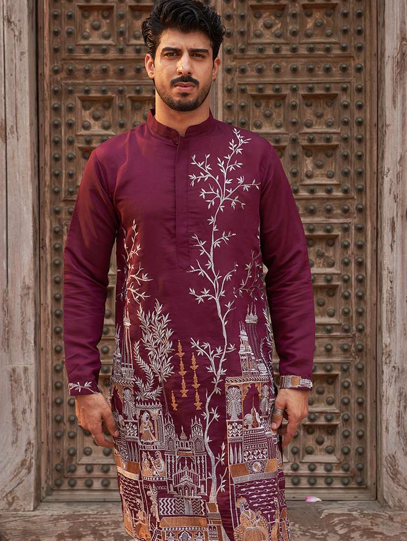 men embroidered mandarin neck long kurta - 21959435 - Zoom Image - 0