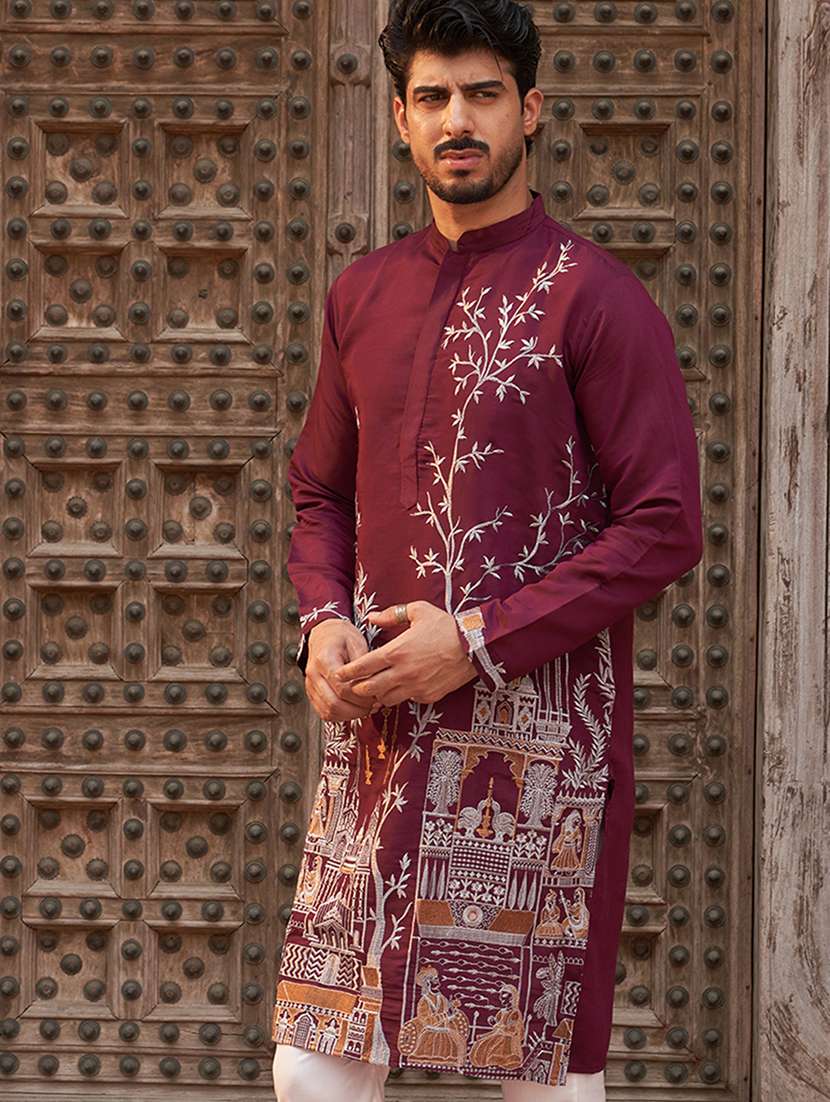 men embroidered mandarin neck long kurta - 21959435 - Standard Image - 4