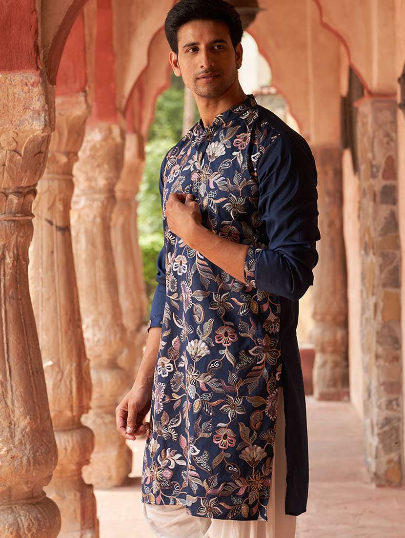 men embroidered mandarin neck long kurta - 21959436 - Standard Image - 1