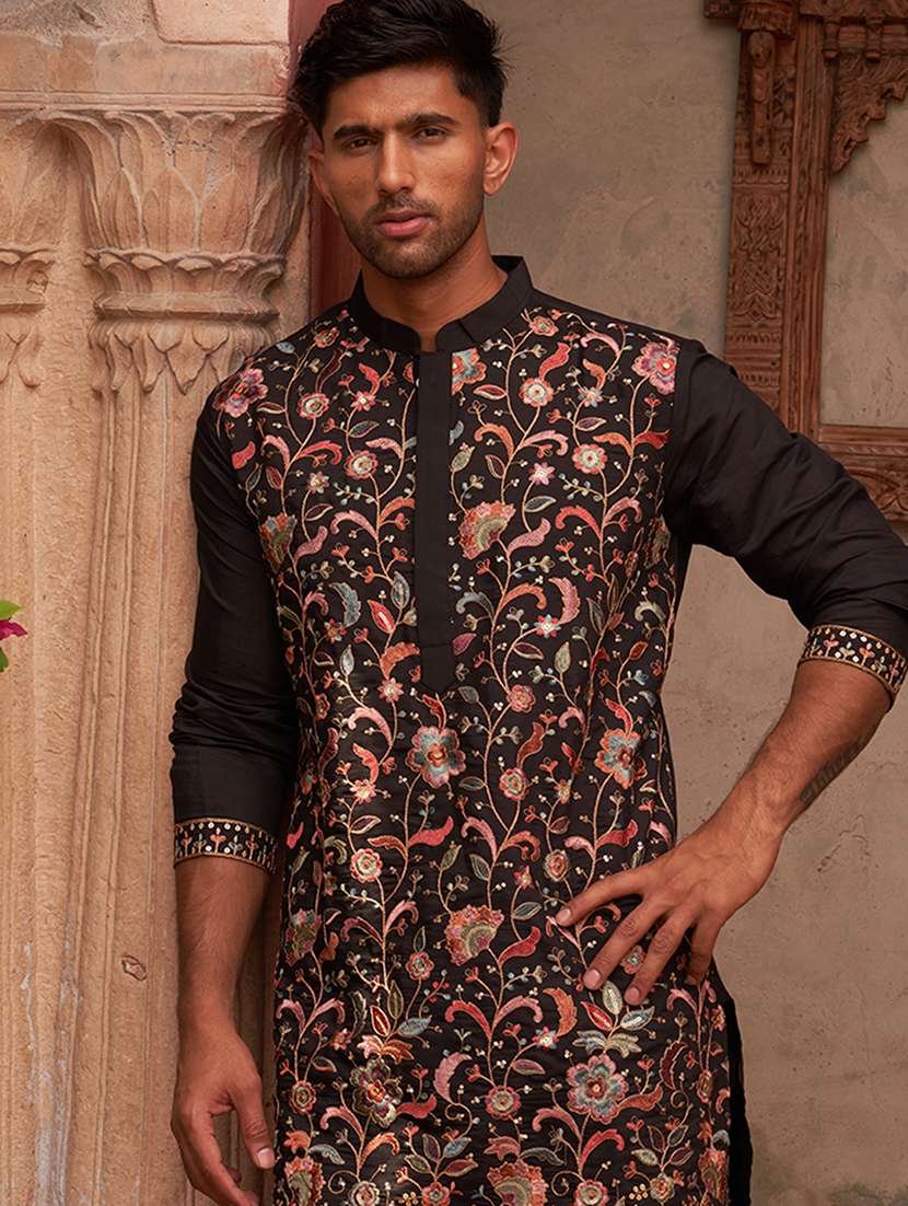 men embroidered mandarin neck long kurta - 21959438 - Standard Image - 1