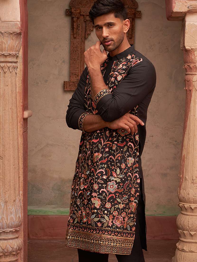 men embroidered mandarin neck long kurta - 21959438 - Standard Image - 4