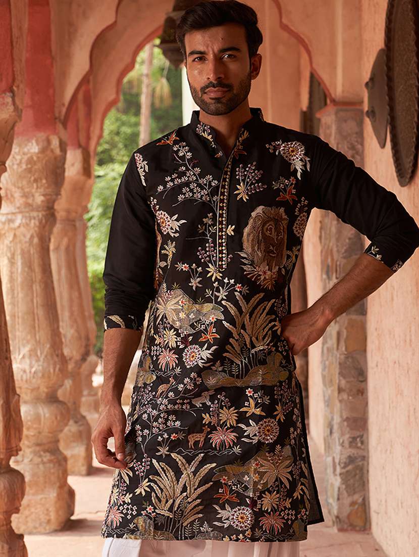 men embroidered mandarin neck long kurta