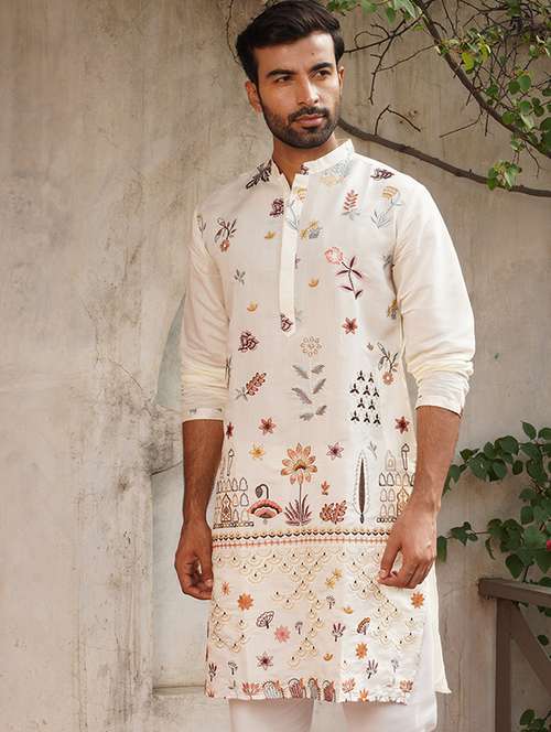 men embroidered mandarin neck long kurta - 21959440 -  Standard Image - 0