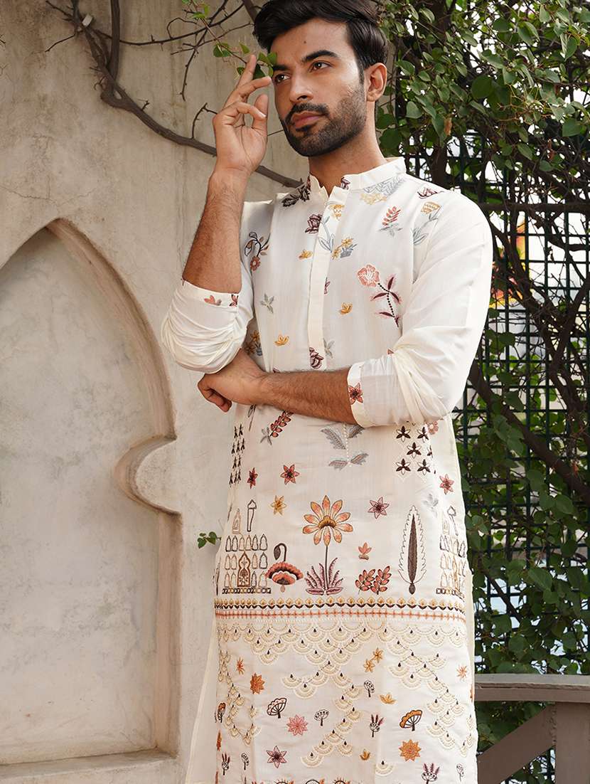 men embroidered mandarin neck long kurta - 21959440 - Standard Image - 4