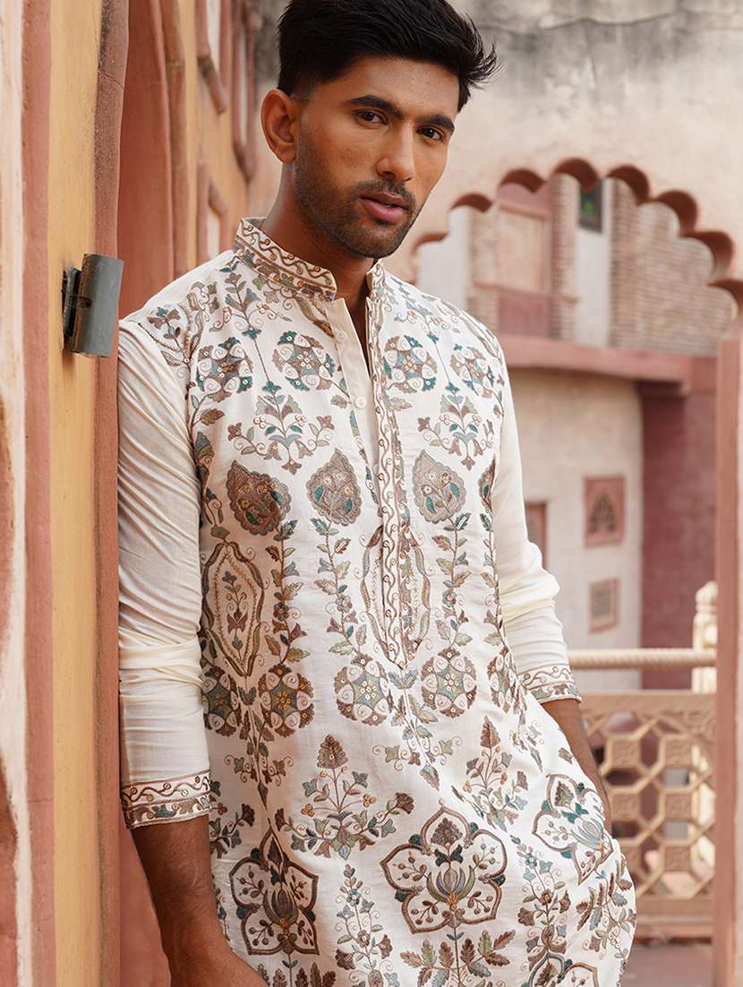 men embroidered mandarin neck long kurta - 21959442 -  Standard Image - 1