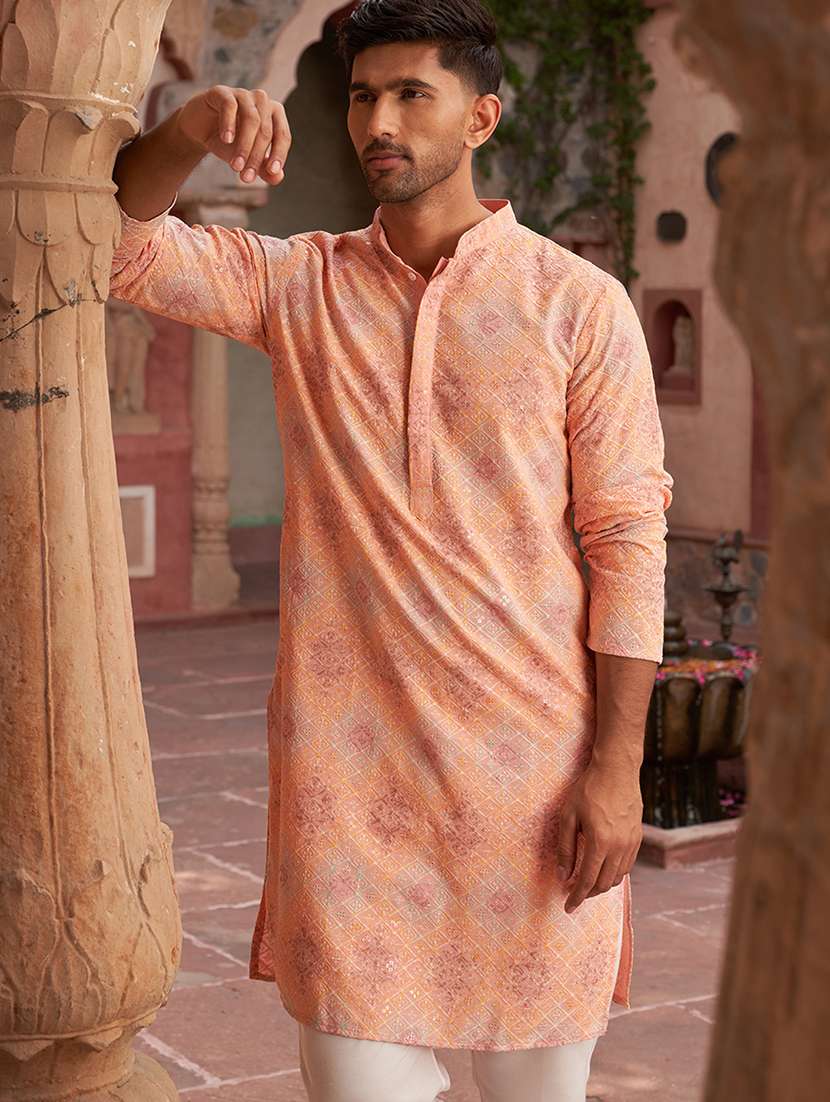 men embroidered mandarin neck long kurta - 21959444 - Standard Image - 4