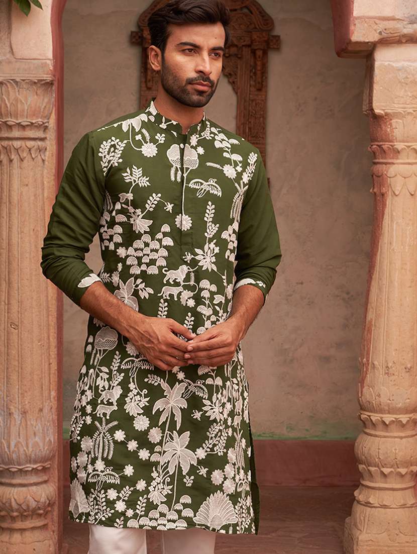 men embroidered mandarin neck long kurta - 21959445 - Standard Image - 1