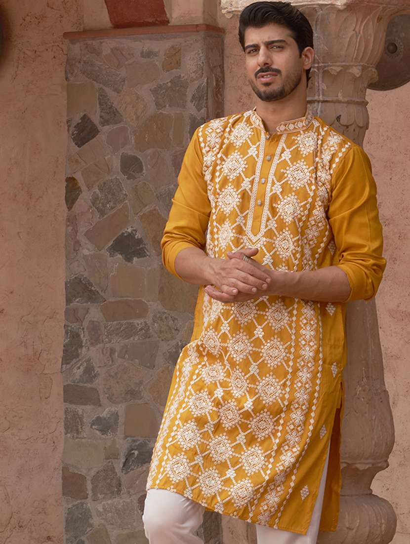 men embroidered mandarin neck long kurta - 21959447 -  Standard Image - 1