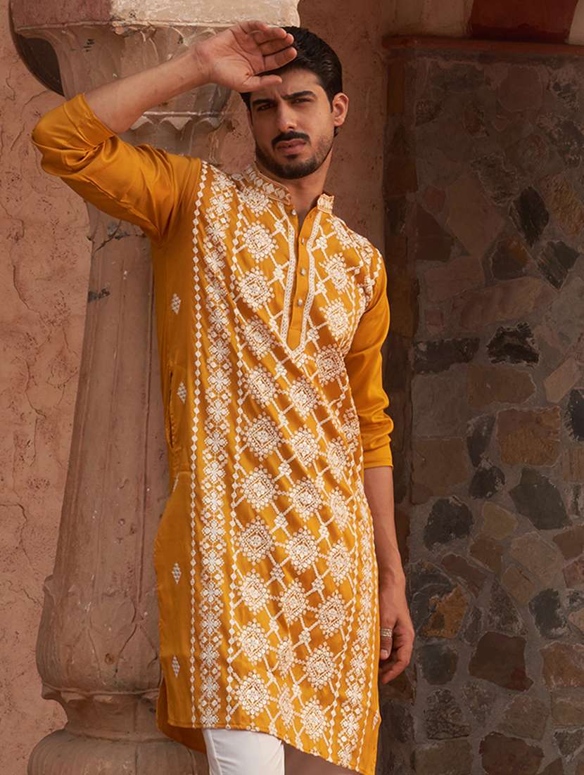 men embroidered mandarin neck long kurta - 21959447 -  Standard Image - 4