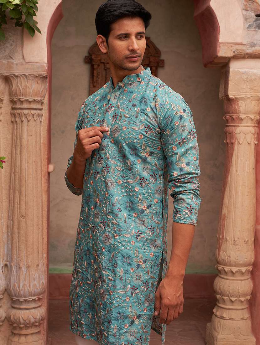 men embroidered mandarin neck long kurta - 21959449 -  Standard Image - 1