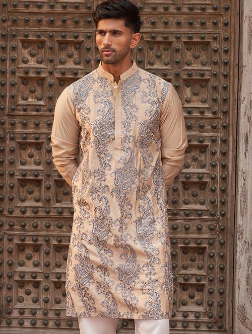 men embroidered mandarin neck long kurta - 21959450 - Standard Image - 0