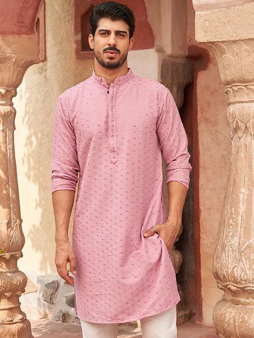 men embroidered mandarin neck long kurta - 21959452 - Standard Image - 0