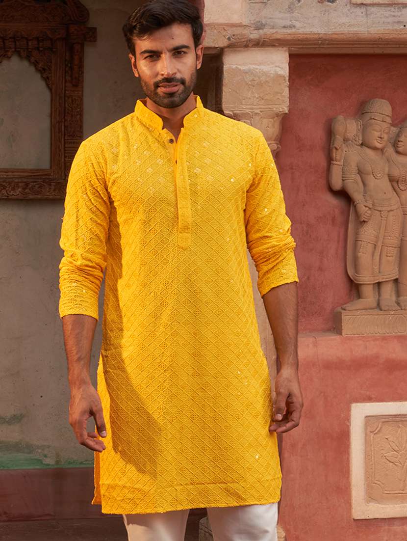 men embroidered mandarin neck long kurta