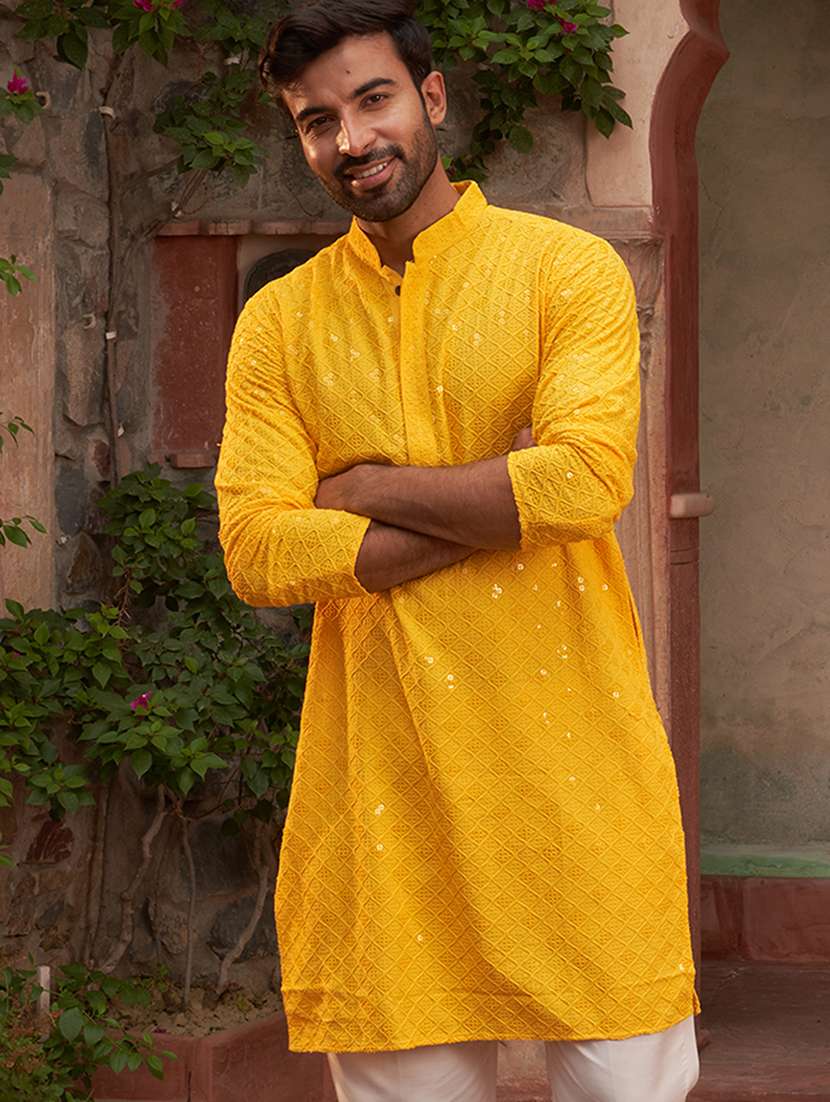 men embroidered mandarin neck long kurta - 21959453 -  Standard Image - 1