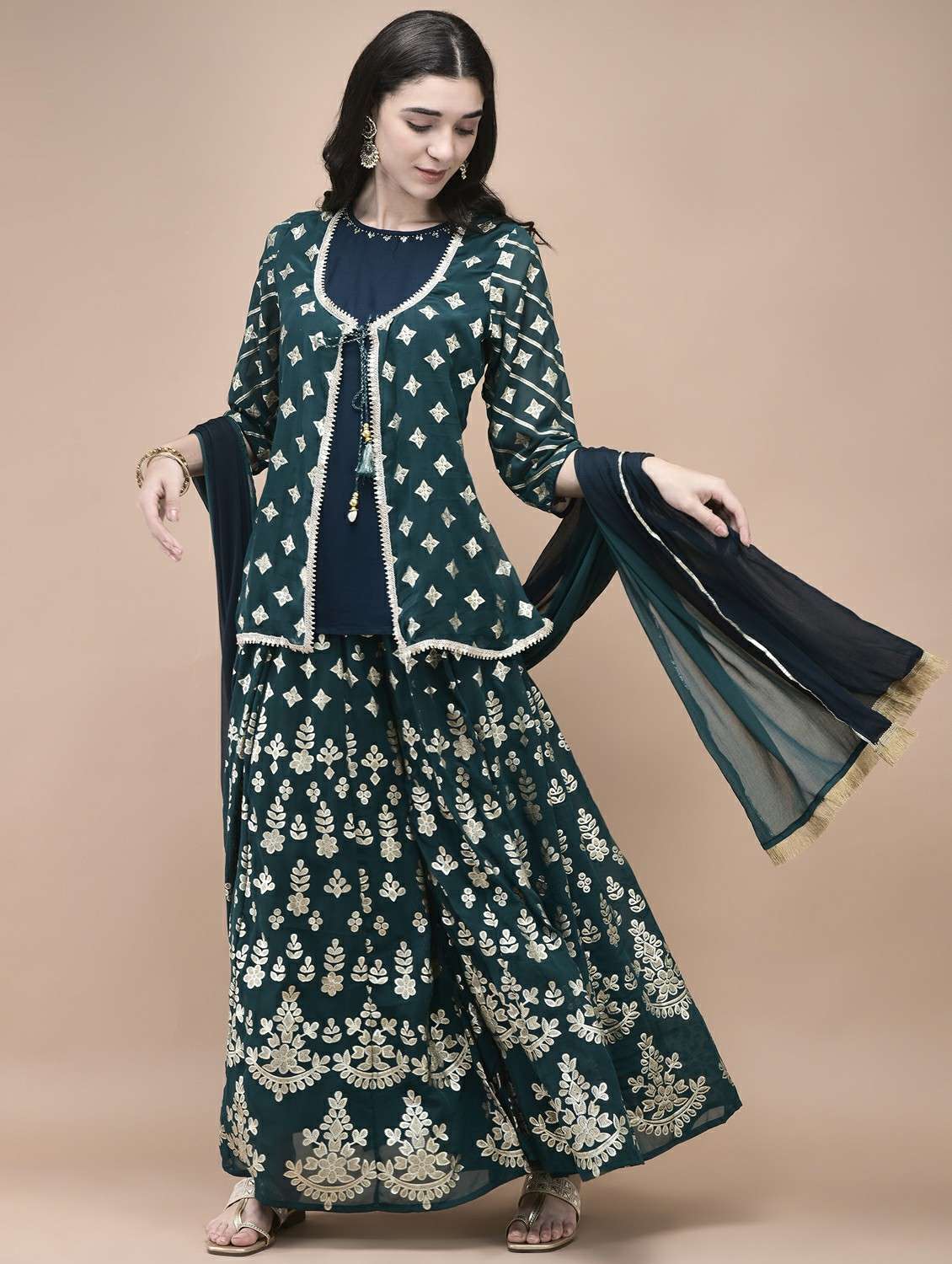 women three quarter sleeve kurta sharara with dupatta set - 21959510 -  Standard Image - 1