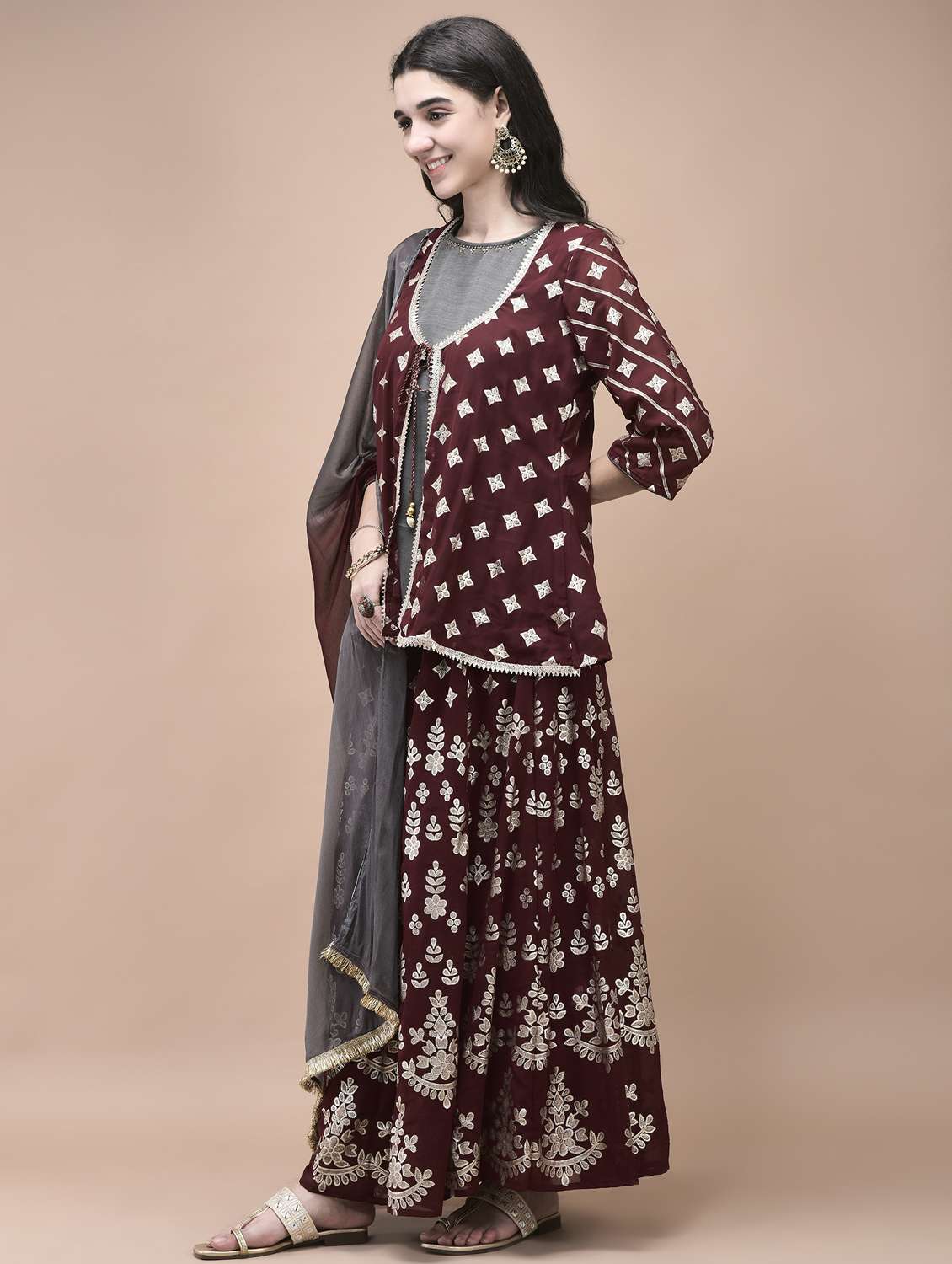 women three quarter sleeve kurta sharara with dupatta set - 21959511 -  Standard Image - 1