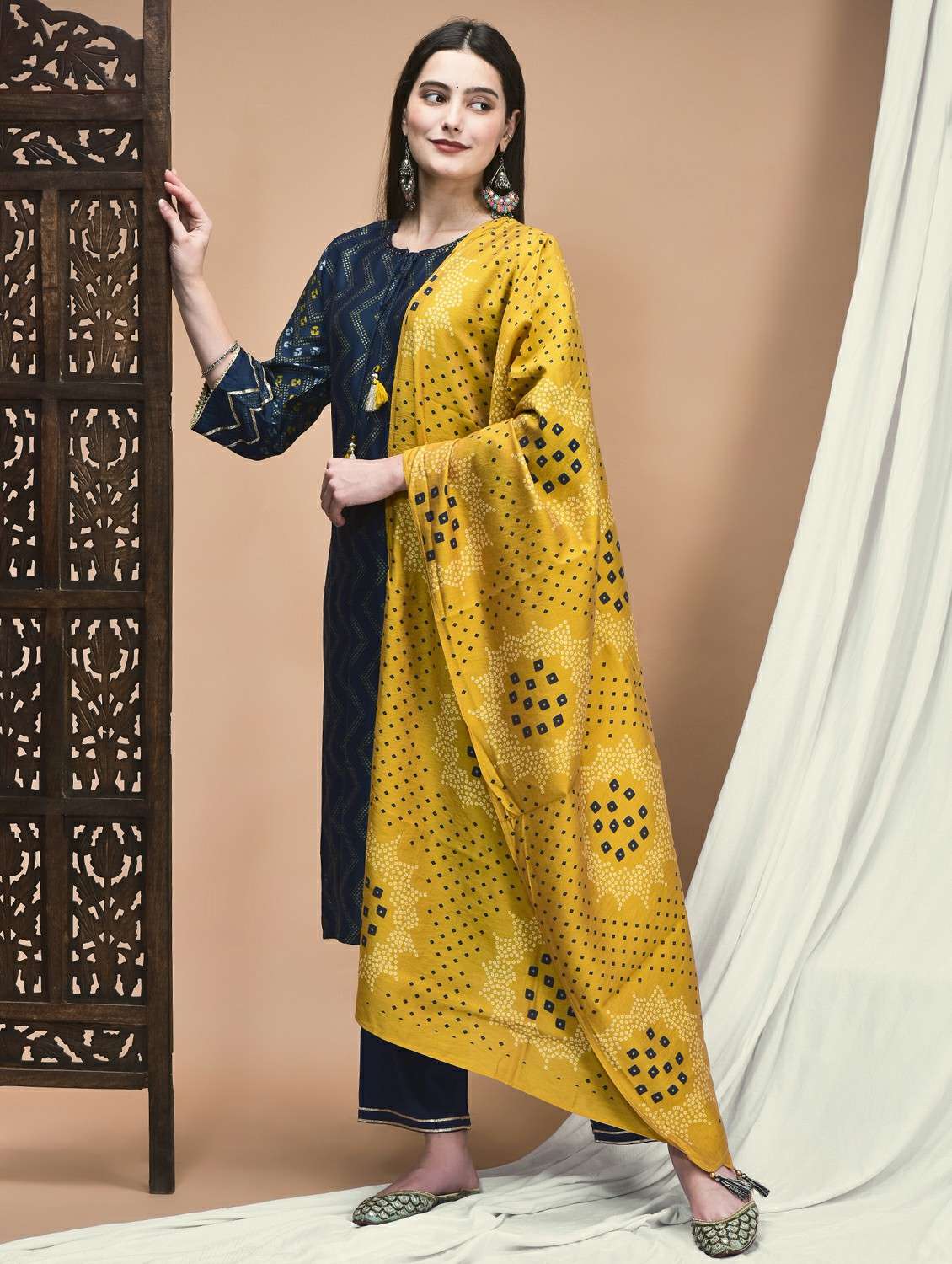 women three quarter sleeve kurta pant with dupatta set - 21959512 -  Standard Image - 1