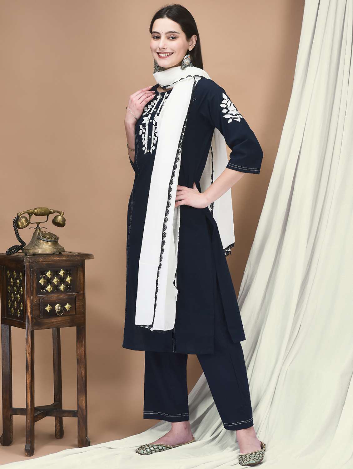 women three quarter sleeve kurta pant with dupatta set - 21959518 -  Standard Image - 1