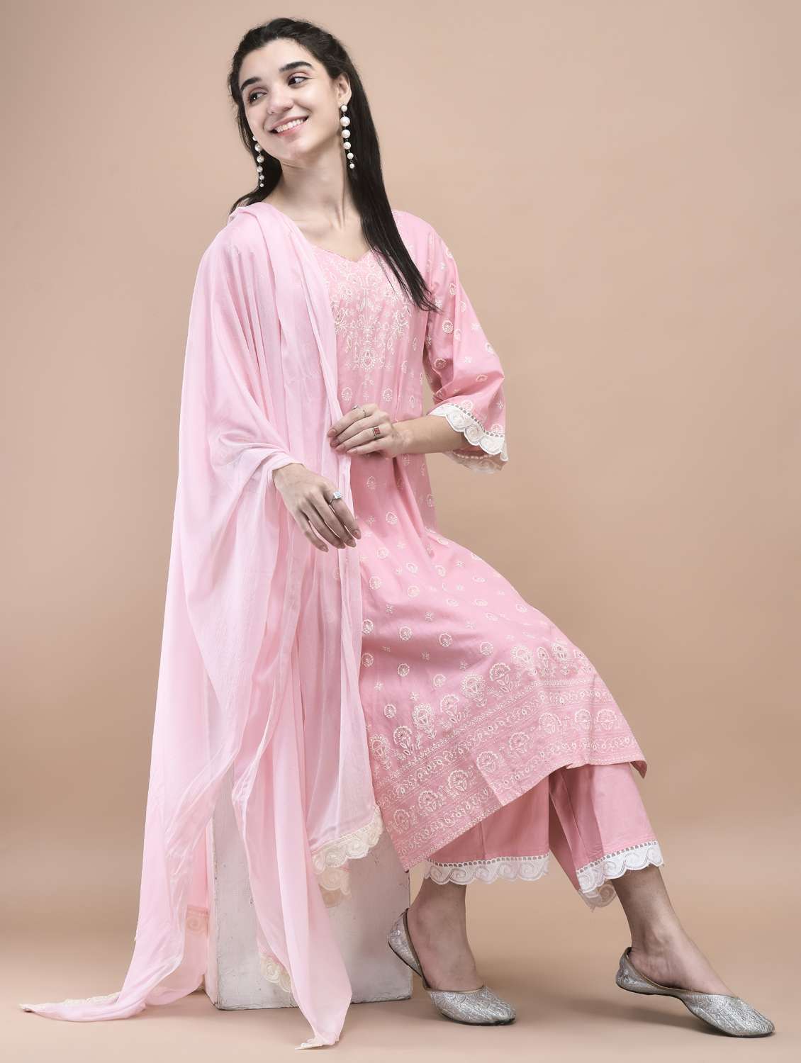 women three quarter sleeve kurta pant with dupatta set