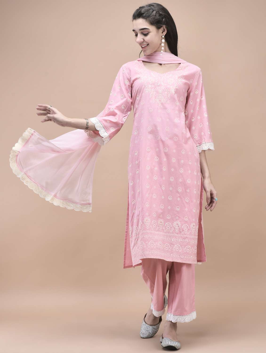 women three quarter sleeve kurta pant with dupatta set - 21959521 -  Standard Image - 1