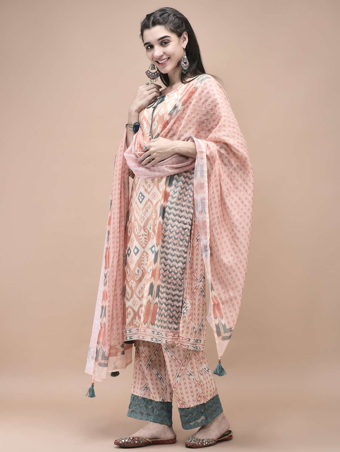 women three quarter sleeve kurta pant with dupatta set - 21959526 -  Standard Image - 1